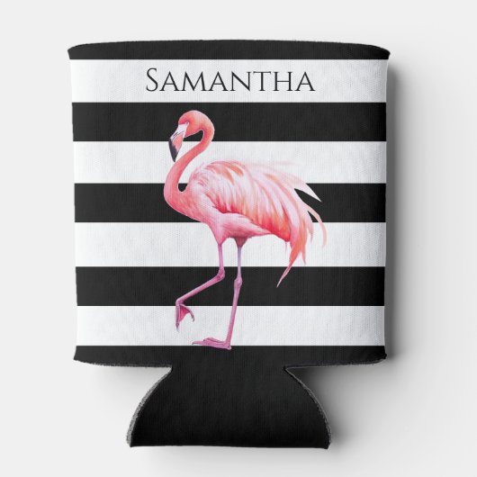 Zwart & Wit Strepen Roze Flamingo Aangepaste naam Blikjeskoeler (Achterkant)