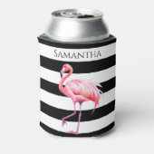 Zwart & Wit Strepen Roze Flamingo Aangepaste naam Blikjeskoeler (Blikje Achterkant)
