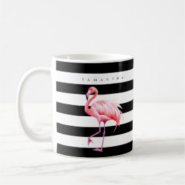 Zwart & Wit Strepen Roze Flamingo Aangepaste naam Koffiemok