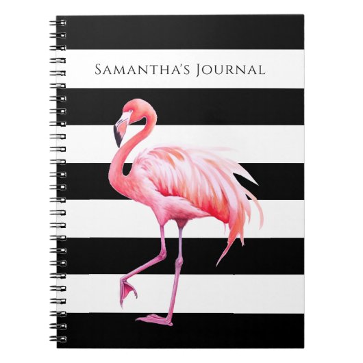 Zwart & Wit Strepen Roze Flamingo Aangepaste naam Notitieboek (Voorkant)