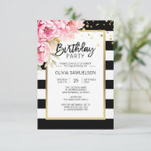 Zwart Wit Strepen Roze Pioenrozen Verjaardagsfeest Kaart (Staand voorkant)