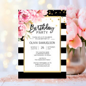 Zwart Wit Strepen Roze Pioenrozen Verjaardagsfeest Kaart