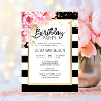 Zwart Wit Strepen Roze Pioenrozen Verjaardagsfeest