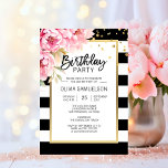 Zwart Wit Strepen Roze Pioenrozen Verjaardagsfeest Kaart<br><div class="desc">Trendy en modern bewerkbare sjablonen uitnodiging voor Verjaardagsfeest voor meisje/vrouw in witte en zwarte strepen. Faux gouden lijst met waterverf roze pioenrozen / pioenenbloem op de hoek. Alle tekst kan worden bewerkt en gewijzigd; lettertype,  kleur en grootte. Neem contact op met de ontwerper voor andere variaties of hulp.</div>