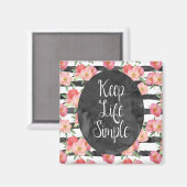 Zwart Wit Strepen Roze Waterverf Bloemen Magneet (Voorkant / Achterkant)