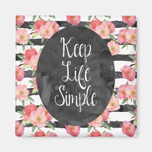 Zwart Wit Strepen Roze Waterverf Bloemen Magneet (Voorkant)