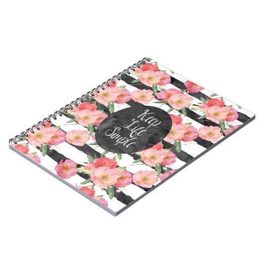 Zwart Wit Strepen Roze Waterverf Bloemen Notitieboek (Linkerzijde)