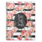 Zwart Wit Strepen Roze Waterverf Bloemen Notitieboek (Voorkant)