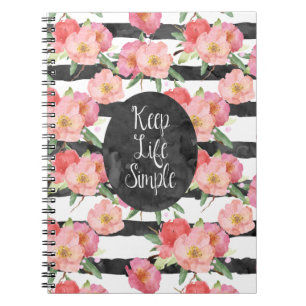 Zwart Wit Strepen Roze Waterverf Bloemen Notitieboek
