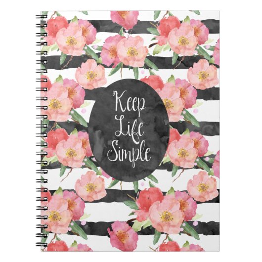 Zwart Wit Strepen Roze Waterverf Bloemen Notitieboek (Voorkant)
