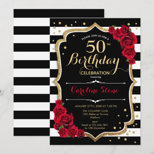 Zwart Wit Strepen Rozen 50e Verjaardagsuitnodiging Kaart (Voorkant / Achterkant)