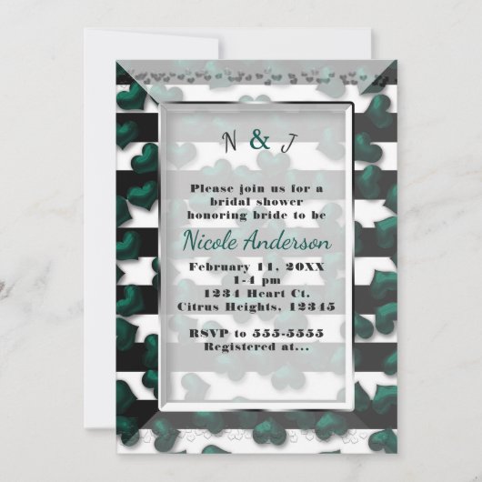 Zwart wit strepen & smaragdgroene harten Vrijgezel Kaart (Voorkant)