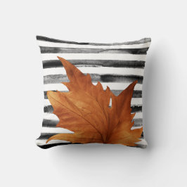 Zwart wit Strepen Waterverf Blad Rustieke Herfst Kussen