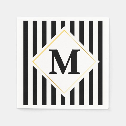 Zwart-wit Strepen Wit Goud Monogram Servetten (Voorkant)