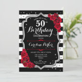 Zwart Wit Strepen Zilver Rood Foto 50e Verjaardag Kaart (Staand voorkant)