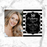 Zwart wit strepen zilveren foto 50e verjaardag kaart<br><div class="desc">Elegante 50ste verjaardag uitnodiging met uw foto. Glam zwart wit ontwerp met faux glitter zilver. Voorzien van zwart-witte strepen, script lettertype en confetti. Perfect voor een stijlvol volwassen feestje. Personaliseer met je eigen gegevens. Kan voor om het even welke leeftijd worden aangepast! Gedrukte Zazzle-uitnodigingen of direct download digitale afdrukbare sjabloon....</div>