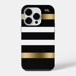 Zwart-wit strepenpatroon met gouden accenten iPhone 14 plus hoesje
