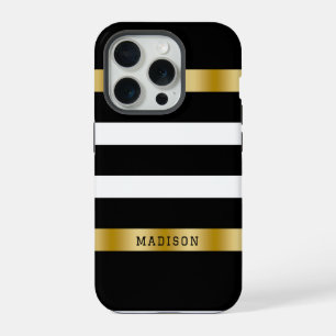 Zwart-wit strepenpatroon met gouden accenten iPhone 15 pro case