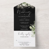 Zwart Wit Strijklichten Bloemen Monogram Bruiloft All In One Uitnodiging (Binnen)