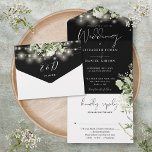 Zwart Wit Strijklichten Bloemen Monogram Bruiloft All In One Uitnodiging<br><div class="desc">Alles in één zwart-wit bruiloft uitnodiging met  snaarlampen,  bloemengroen en elegante typografie. De uitnodiging bevat een geperforeerde RSVP-kaart die individueel kan worden geadresseerd of leeg kan worden gelaten zodat u de adresgegevens van uw gast met de hand kunt schrijven. Ontworpen door Thisnotme©</div>