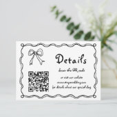 Zwart-wit strik kronkelende trouwdetails informatiekaartje (Staand voorkant)