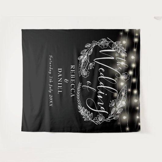 Zwart-wit String Lights Bruiloft Achtergrond Wandkleed (Voorkant (horizontaal))