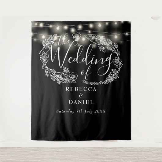 Zwart-wit String Lights Bruiloft Achtergrond Wandkleed (Voorkant)