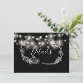 Zwart-wit String Lights Bruiloft Details Kaart (Staand voorkant)
