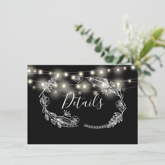 Zwart-wit String Lights Bruiloft Details Kaart (Staand voorkant)