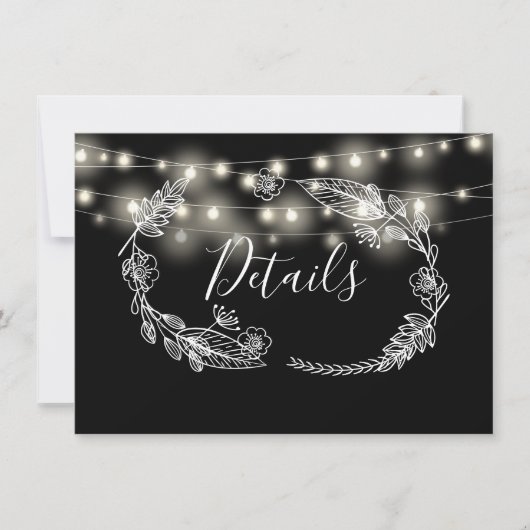 Zwart-wit String Lights Bruiloft Details Kaart (Voorkant)