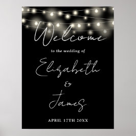 Zwart-wit String Lights Bruiloft Welkomstbord Poster