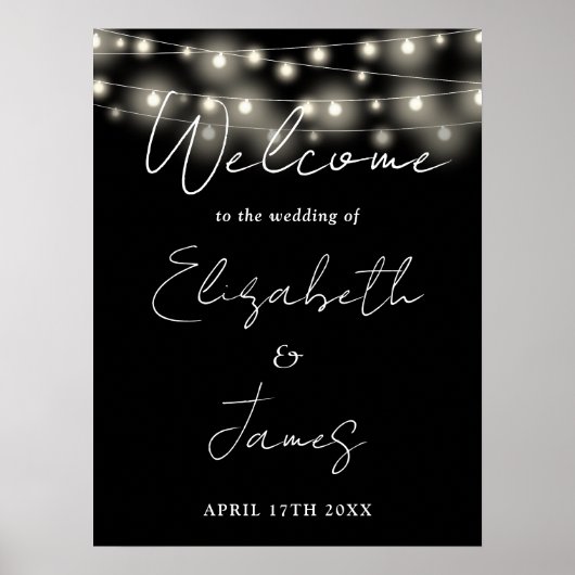 Zwart-wit String Lights Bruiloft Welkomstbord Poster (Voorkant)