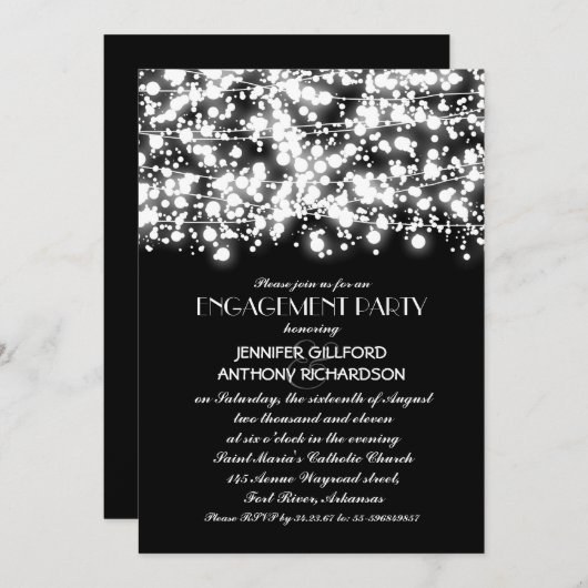 Zwart-wit String Lights Engagement Party Kaart (Voorkant / Achterkant)