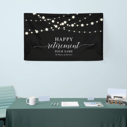 Zwart & Wit String Lights Happy Retirement Party Spandoek (Beurs)