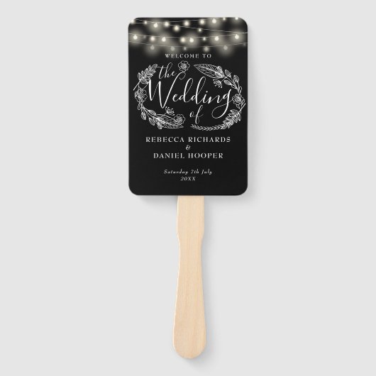 Zwart-wit String Lights Huwelijksprogramma Handwaaier (Voorkant)