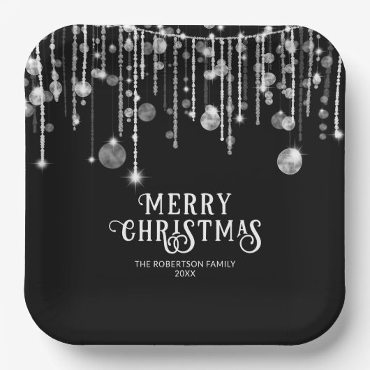 Zwart-wit String Lights Kerstfeest Papieren Bordje (Voorkant)