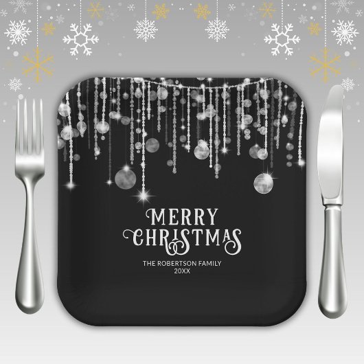 Zwart-wit String Lights Kerstfeest Papieren Bordje
