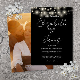 Zwart-wit String Lights Script Foto bruiloft Kaart