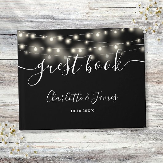 Zwart Wit String Lights Signature Script Bruiloft Gastenboek