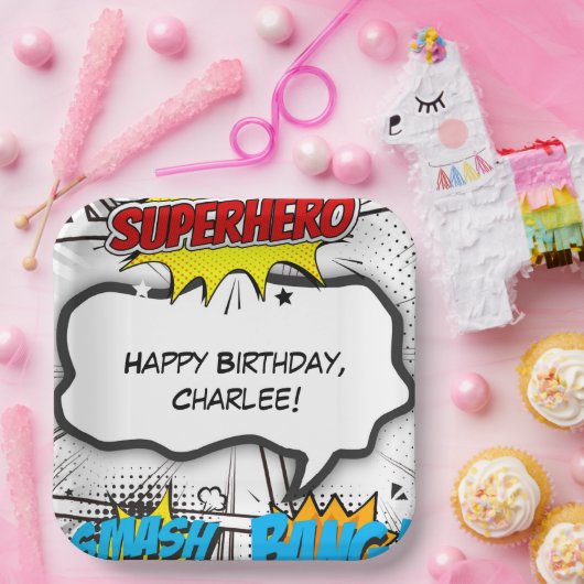 Zwart & Wit Stripboek Superheld Verjaardagsfeest Papieren Bordje (Feest)