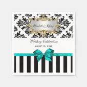 Zwart wit Stripe Damask Blauwgroen lint Servet (Voorkant)