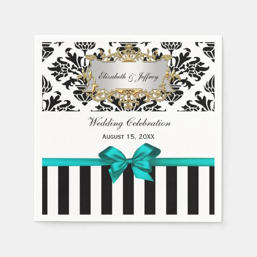Zwart wit Stripe Damask Blauwgroen lint Servet (Voorkant)