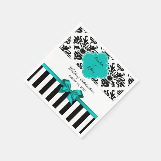Zwart wit Stripe Damask Blauwgroen lint Servet (Hoek)