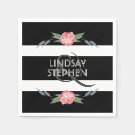 Zwart-wit Stripe Elegante Roze Bloemen Huwelijk Servet