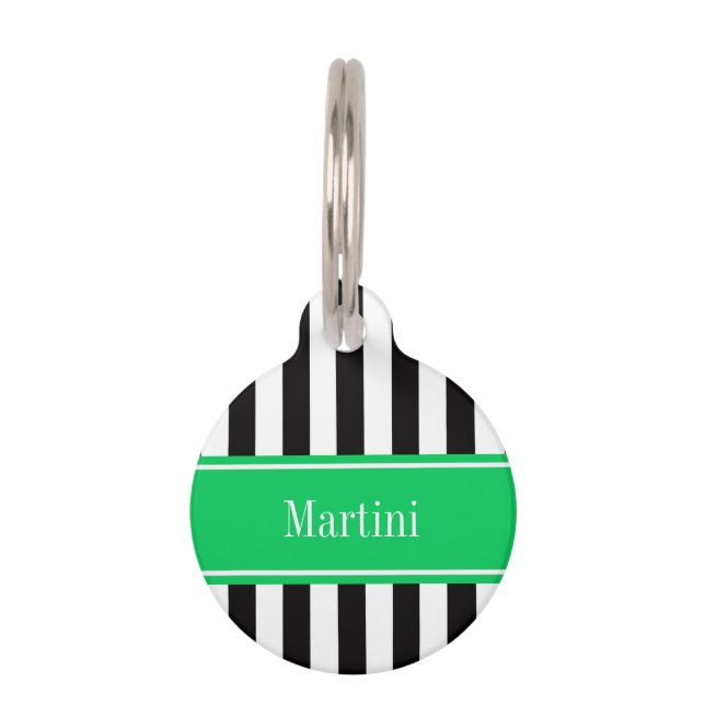 Zwart wit Stripe Emerald Ribbon Naam Monogram Huisdierpenning (Voorkant)
