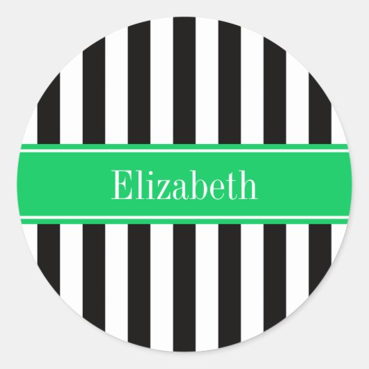 Zwart wit Stripe Emerald Ribbon Naam Monogram Ronde Sticker (Voorkant)