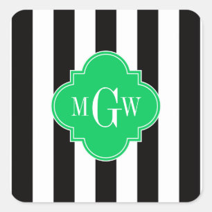 Zwart wit Stripe Emerald Square 3 Monogram Vierkante Sticker
