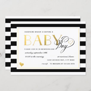 Zwart-wit Stripe Faux Gold Boy Baby shower Kaart