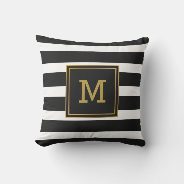 Zwart-wit Stripe Gold Modern Monogram Buitenkussen (Voorkant)
