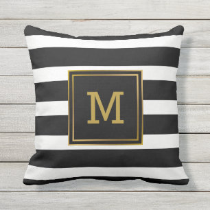 Zwart-wit Stripe Gold Modern Monogram Buitenkussen